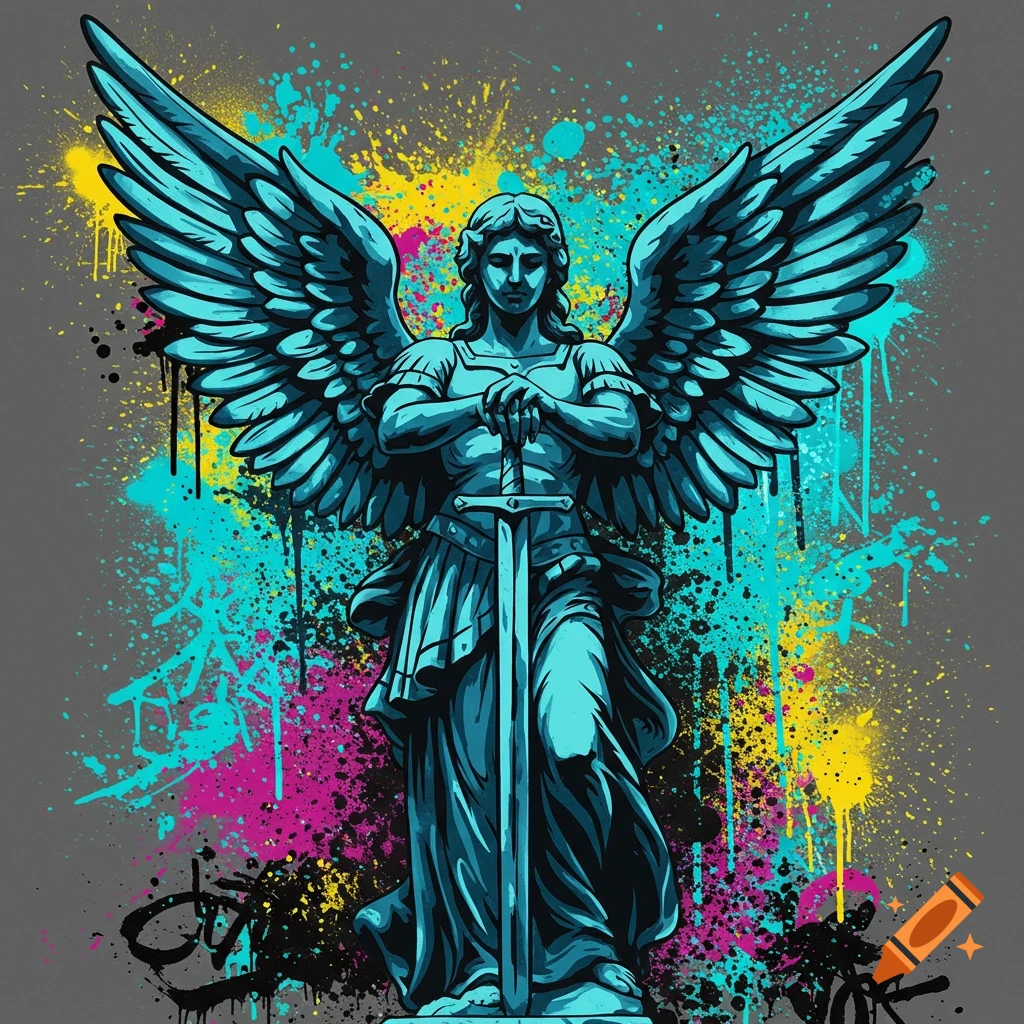 A blue angel statue with spread wings and a sword stands against a gray background with vibrant pink, yellow, and cyan graffiti splashes.