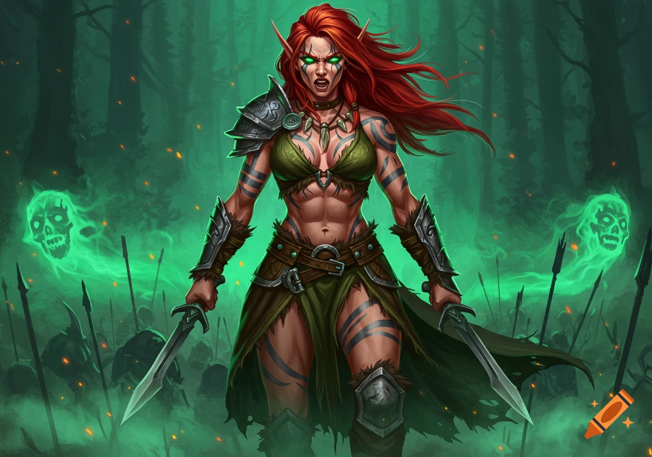 Angry red-haired female elf barbarian with tribal tattoos, green eyes, holding two swords in a dark, misty forest with green skull spirits.