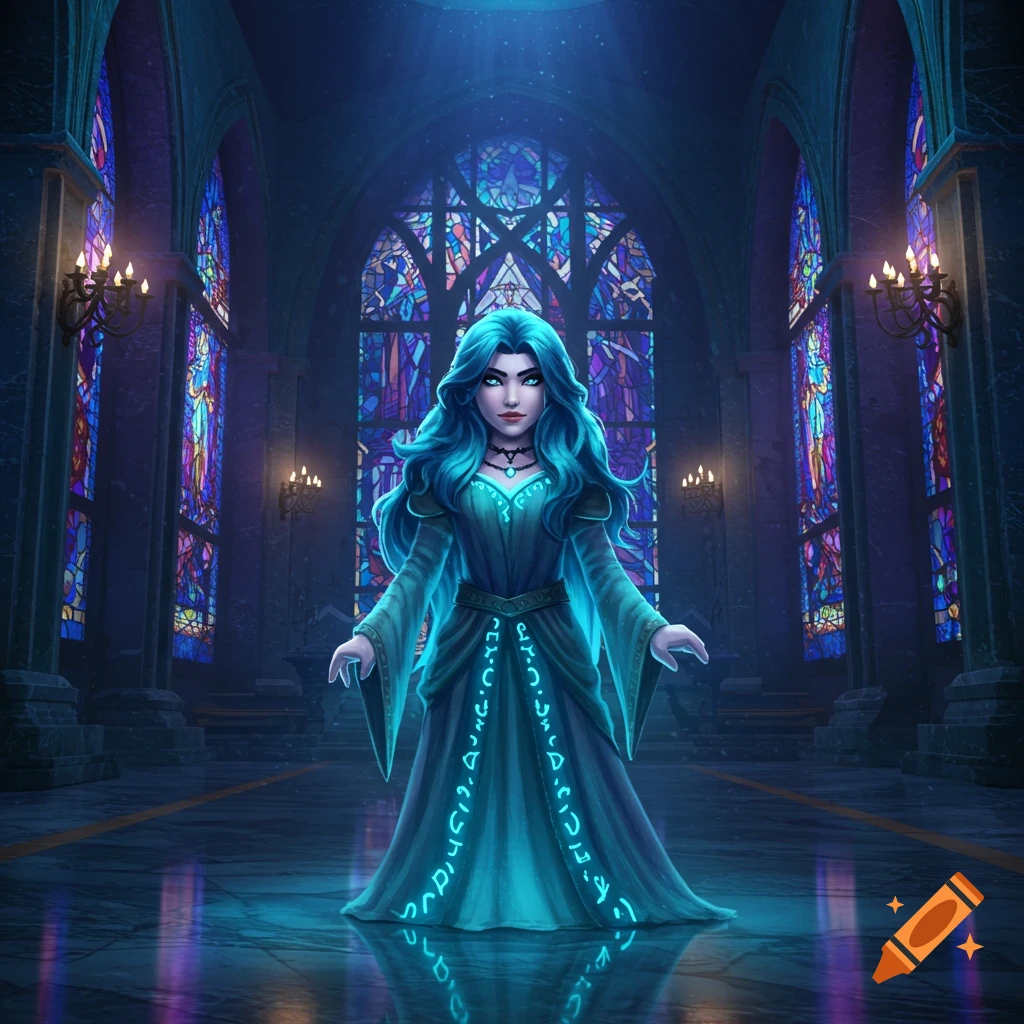 A female character with long blue hair and glowing eyes stands in a dark, gothic church with large stained-glass windows, wearing a long, flowing blue-green dress with glowing runes.