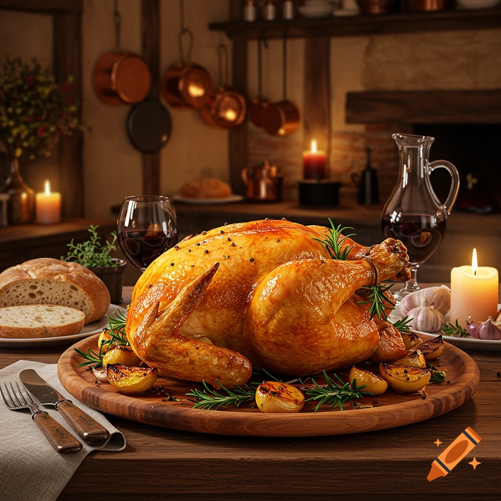 A photorealistic image of a roasted chicken on a wooden platter, surrounded by rosemary, lemons, bread, wine, and candles in a rustic kitchen.