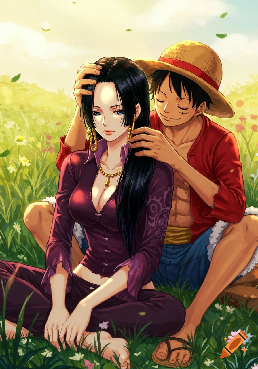 Luffy brushes Boa Hancock's long black hair in a sunny grassy field, in an anime style illustration.