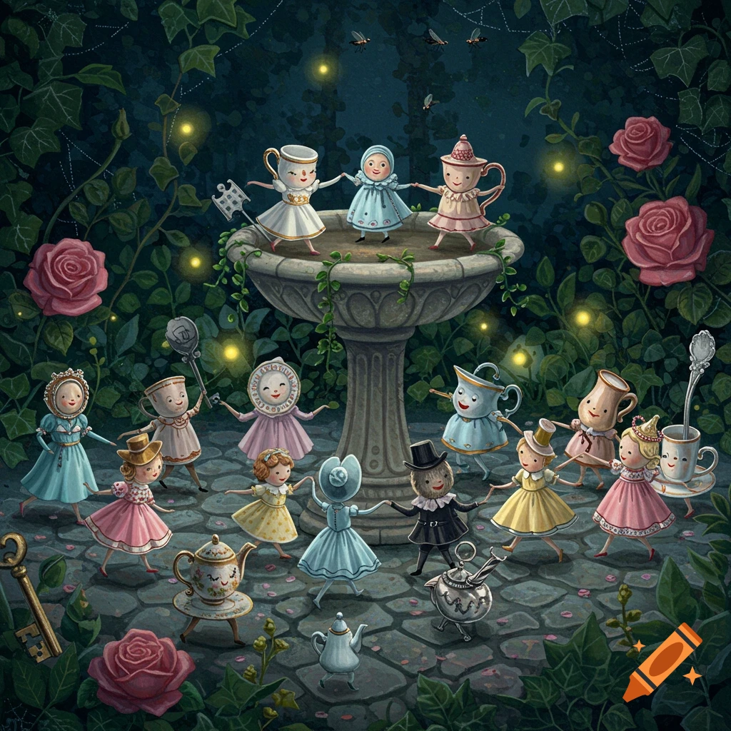 Whimsical illustration of anthropomorphic teacups and teapots dancing in a mystical garden at night, surrounded by glowing fireflies and roses.