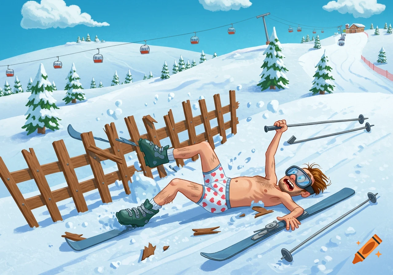 A cartoony illustration of a man who has crashed while skiing, lying on the snow in heart-patterned boxer briefs with broken skis and a fence.