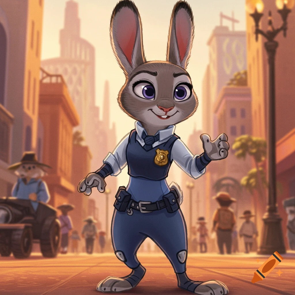 Cartoon of Judy Hopps in a police uniform standing in an animated city street.