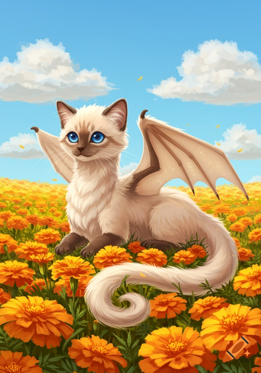 A cute ragdoll-style cat with dragon wings sits in a vibrant field of orange flowers under a blue sky.