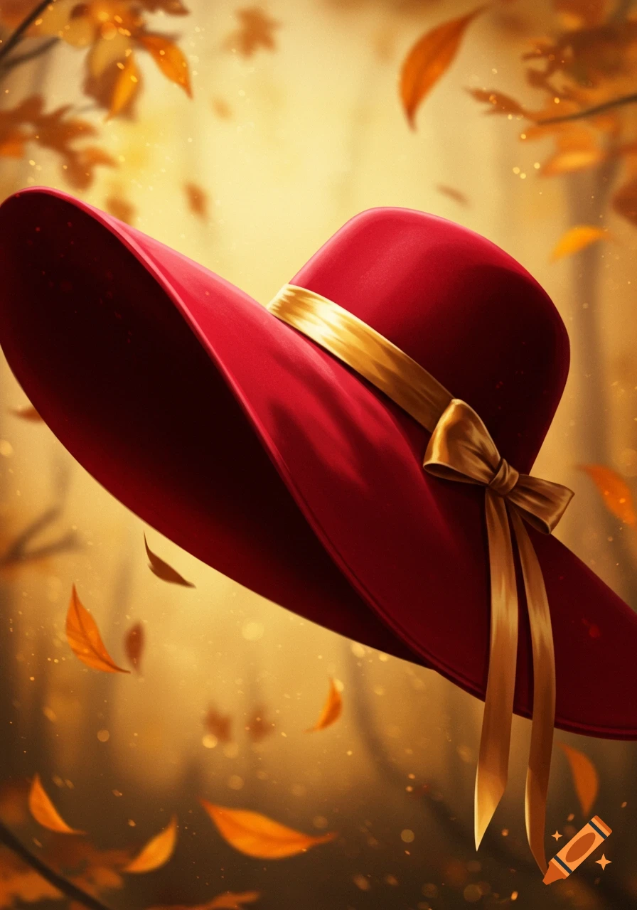 A vibrant red hat with a gold ribbon and bow, surrounded by falling autumn leaves against a golden, hazy background.