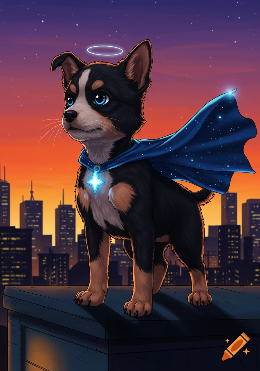 A cute small superhero dog with a blue starry cape and glowing pendant stands on a city rooftop at sunset, digital illustration.