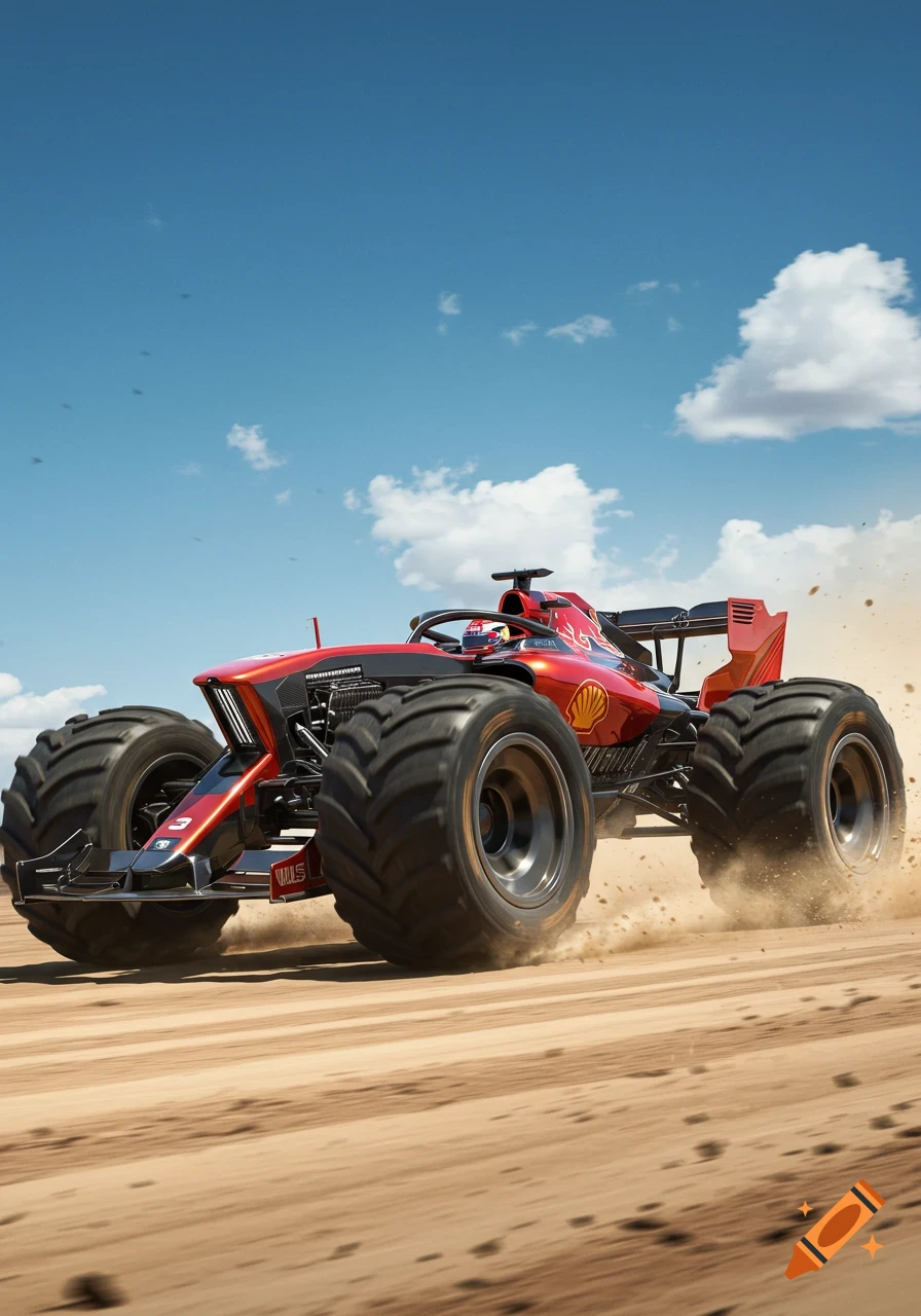 A red Formula 1 car with large monster truck wheels kicks up dust on a dirt track under a blue sky.