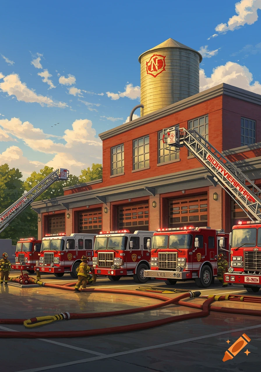 An illustration of a fire station with multiple red and white fire trucks parked outside, and firefighters on the ground.