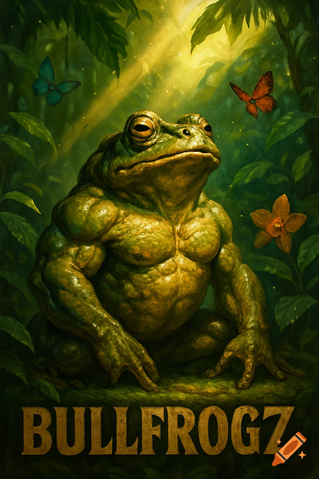 A muscular, green and gold bullfrog sits in a lush, sunlit jungle with butterflies and a flower, with the word "BULLFROGZ" at the bottom.