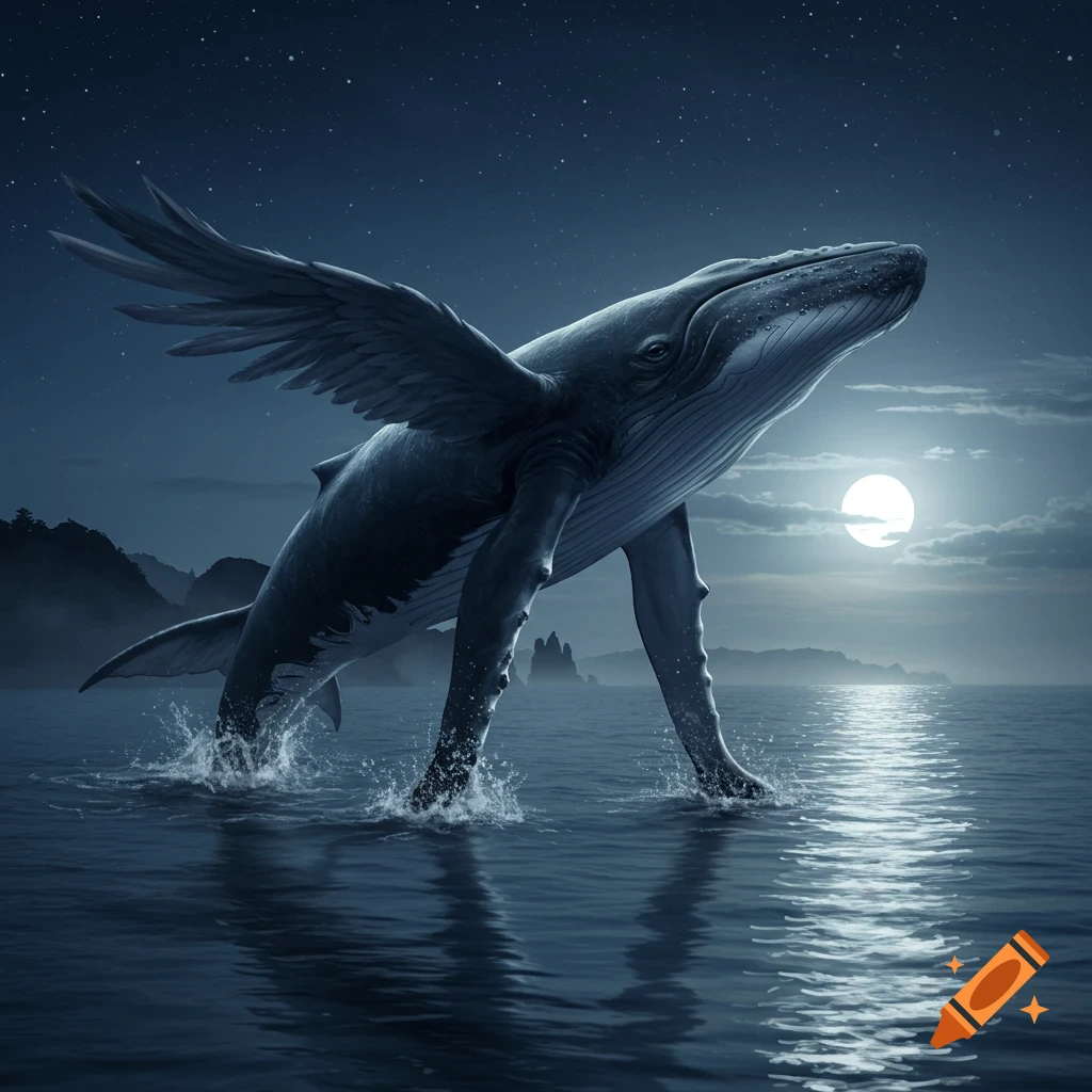 A majestic winged whale with legs stands in the moonlit ocean under a starry night sky, water splashing around its feet.