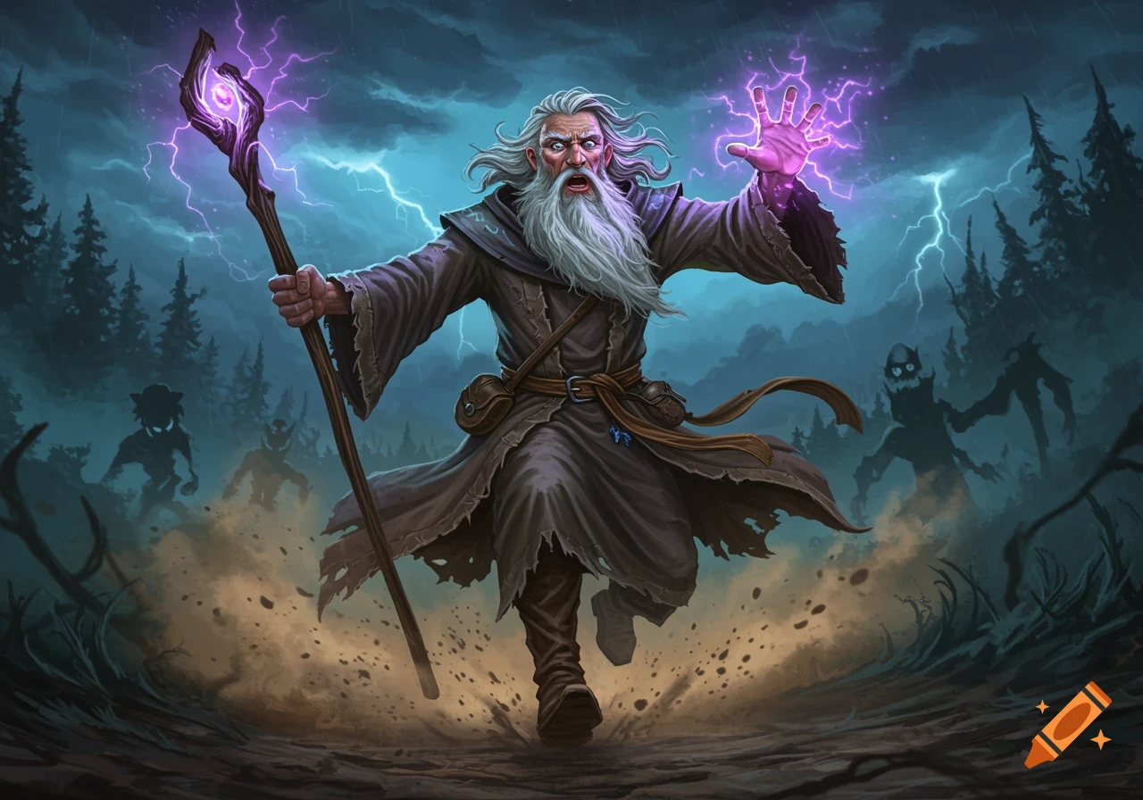 An old wizard with a glowing staff and hand runs forward against a stormy sky with lightning and shadowy figures.