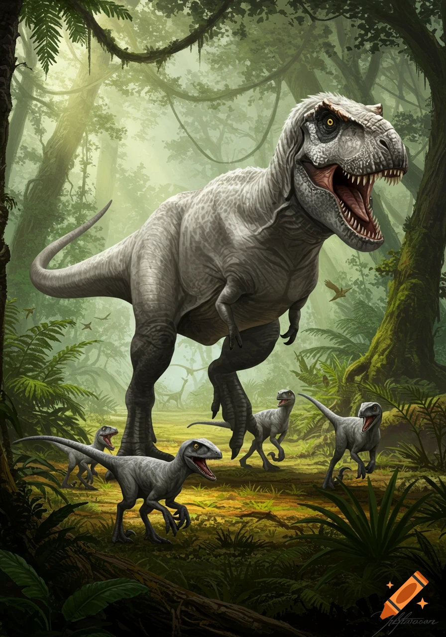 A large grey Tyrannosaurus Rex stands in a lush jungle with four smaller grey raptor-like dinosaurs around its feet.