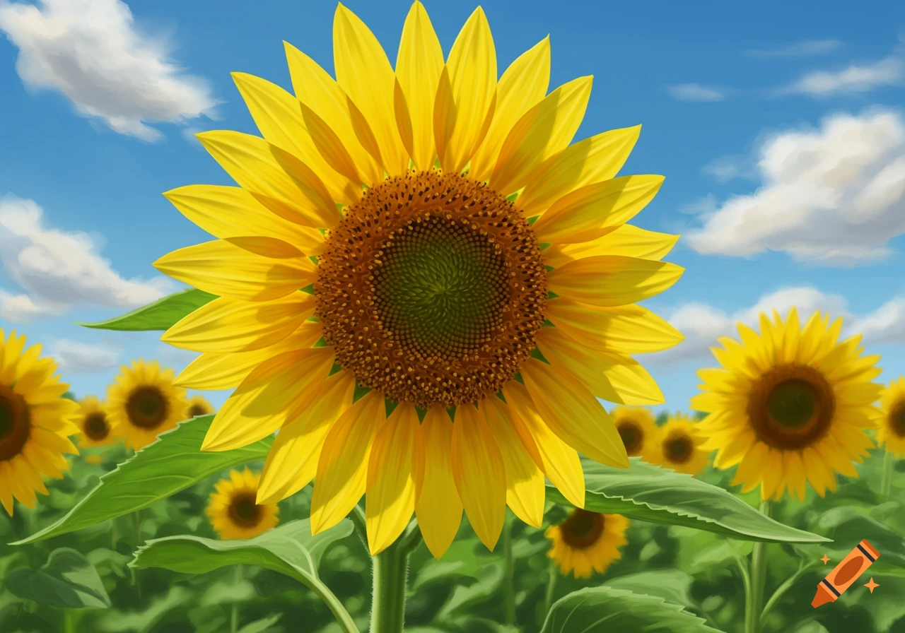 A vibrant yellow sunflower prominently in a field of sunflowers under a blue sky with fluffy white clouds, realistic style.