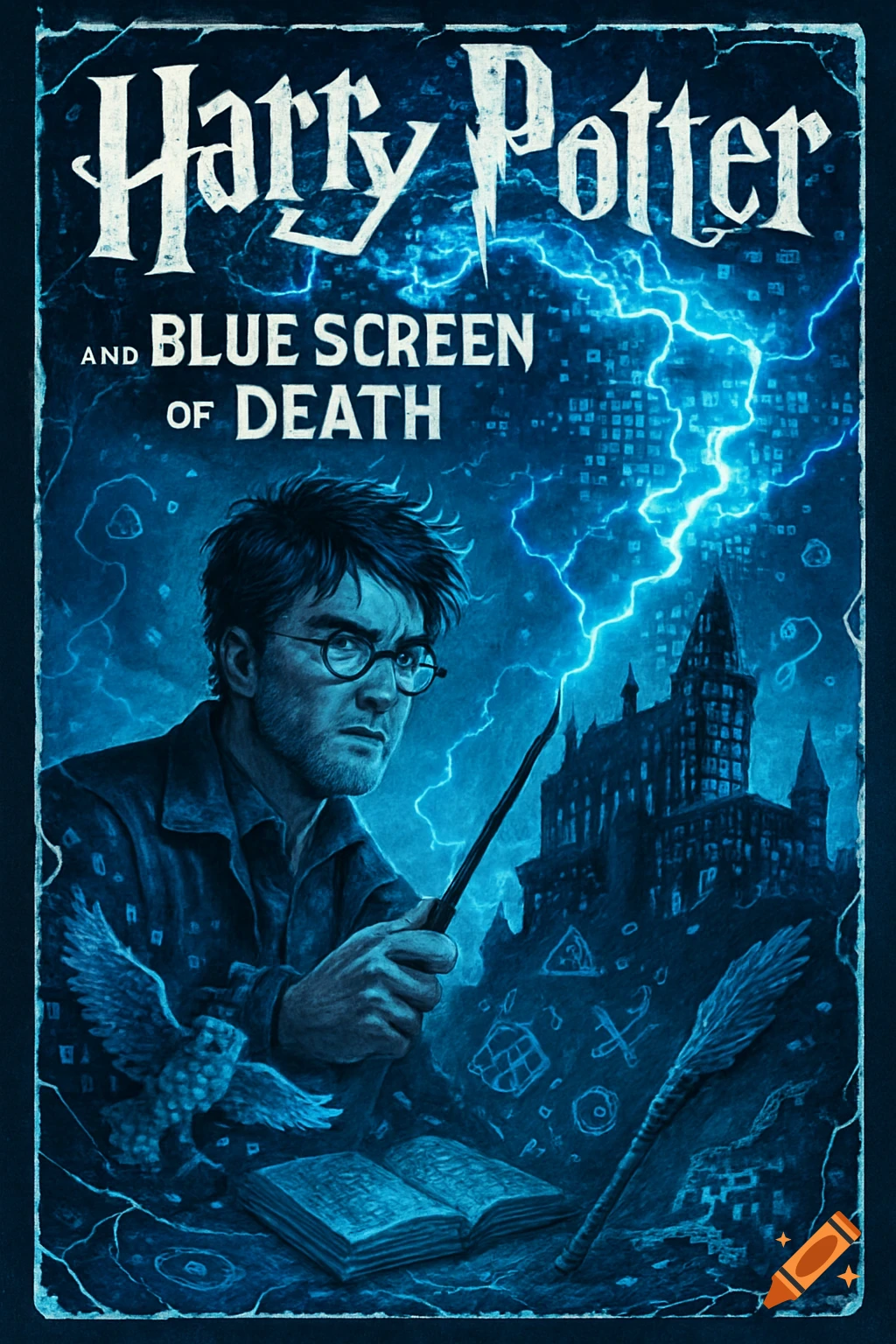 Illustrated blue book cover for 'Harry Potter and the Blue Screen of Death' with Harry holding a wand, a castle, and electric digital patterns.