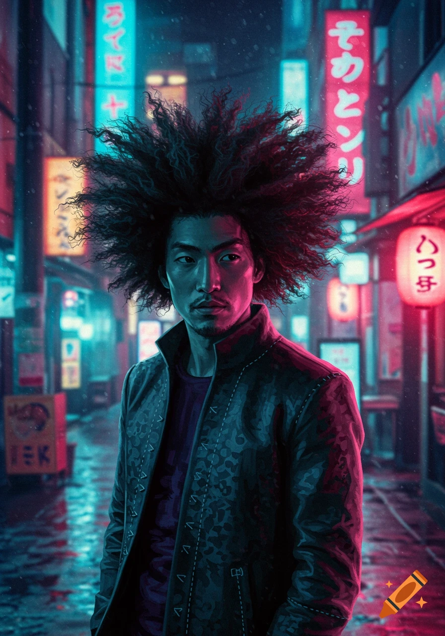 A man with a large afro stands on a neon-lit futuristic street at night, with glowing signs in the background.