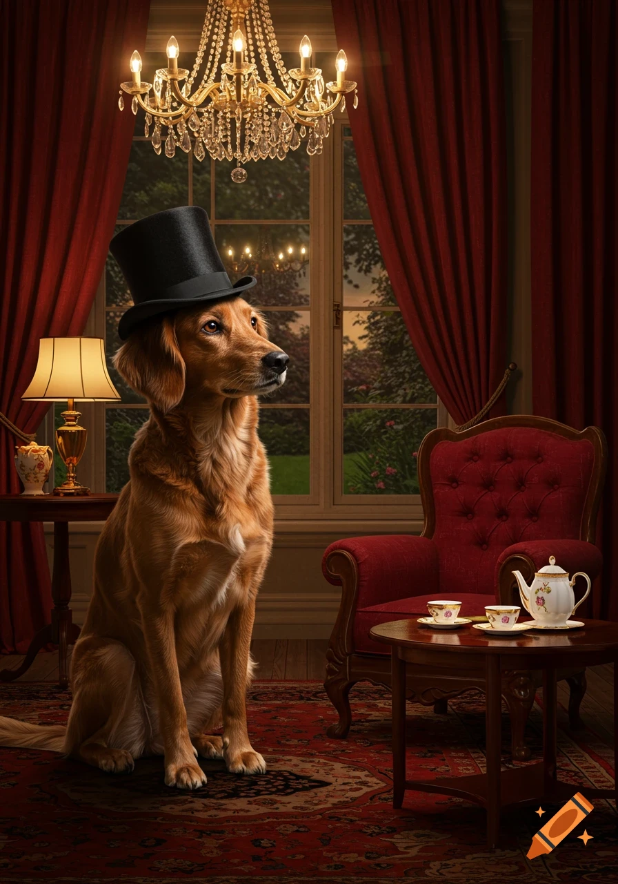 A golden retriever wearing a top hat sits in a luxurious room with red curtains, a chandelier, and a teaset.