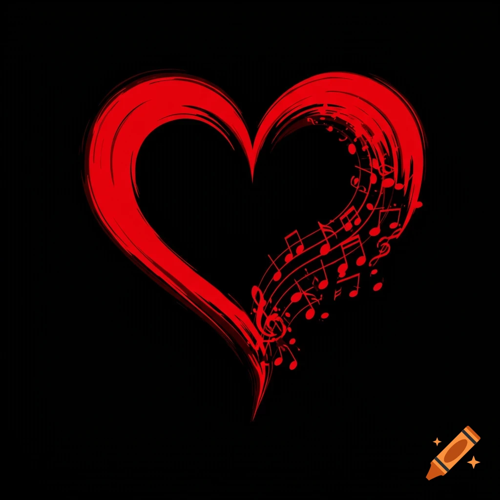A vibrant red brush-stroke heart morphing into musical notes against a black background.