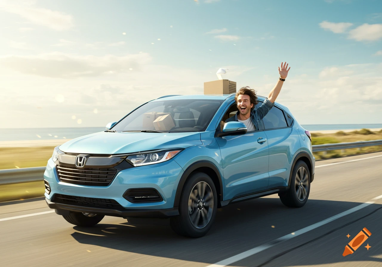 A happy man waves from the window of a light blue Honda HR-V, which is packed with boxes and driving along a coastal highway.