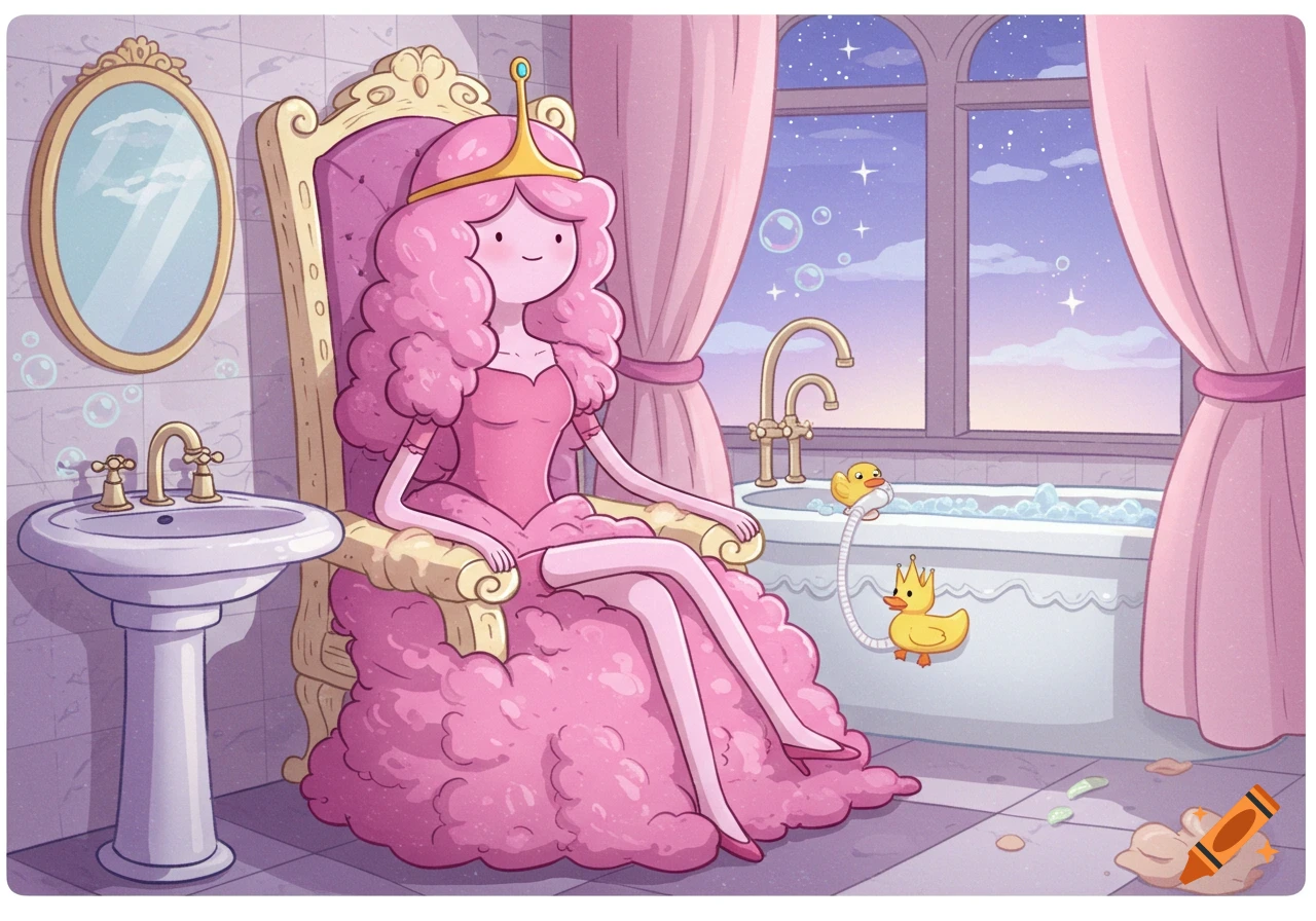 Princess Bubblegum in a pink dress and crown, sitting on a lavish pink and gold chair in a bathroom with a sink, bathtub, and window looking out at a starry sky. Cartoon style.