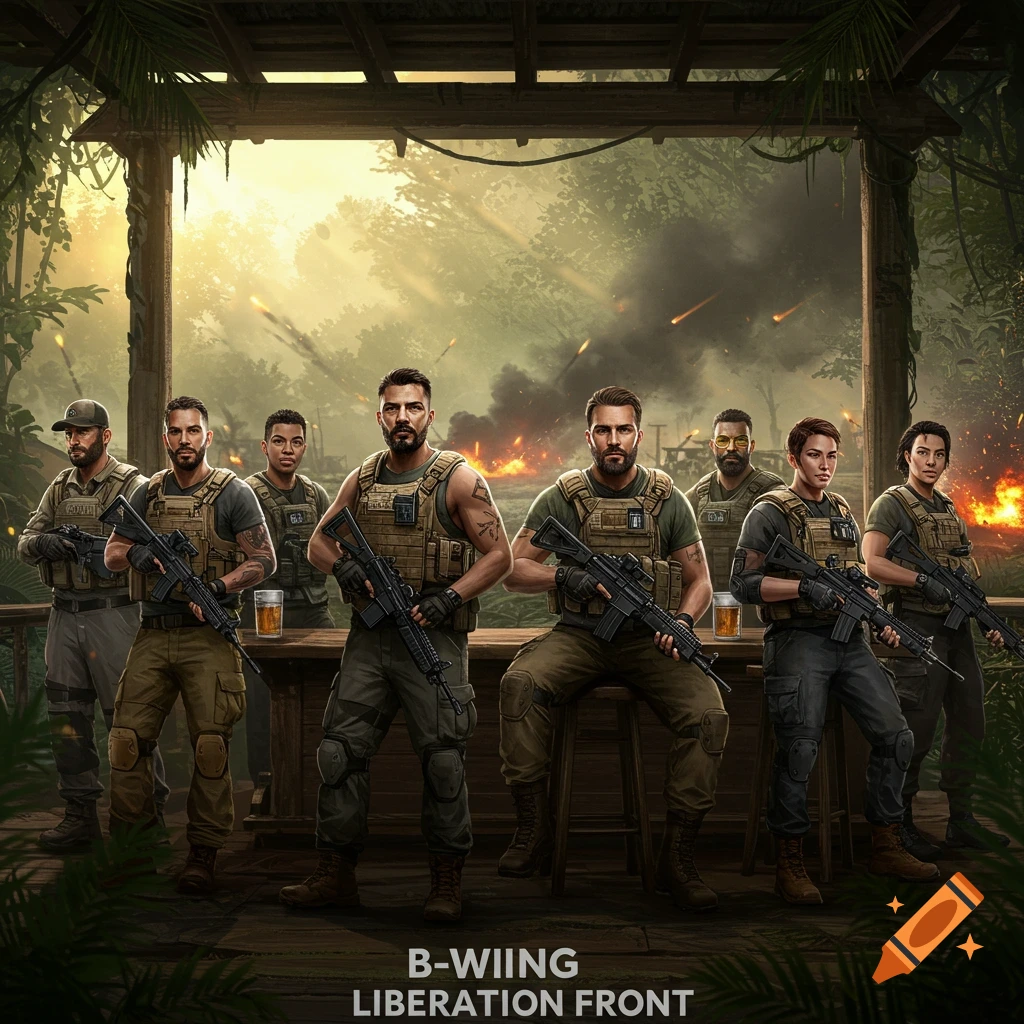 A group of stern-faced soldiers in tactical gear holding rifles stand and sit at a jungle bar with a smoky warzone background.
