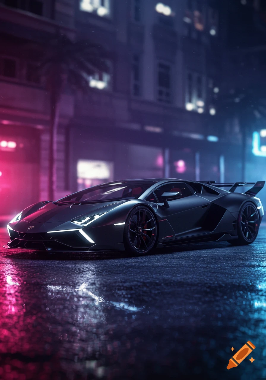 Dark gray Lamborghini V12 Vision Gran Turismo parked on a wet city street at night, illuminated by vibrant pink and blue neon lights.