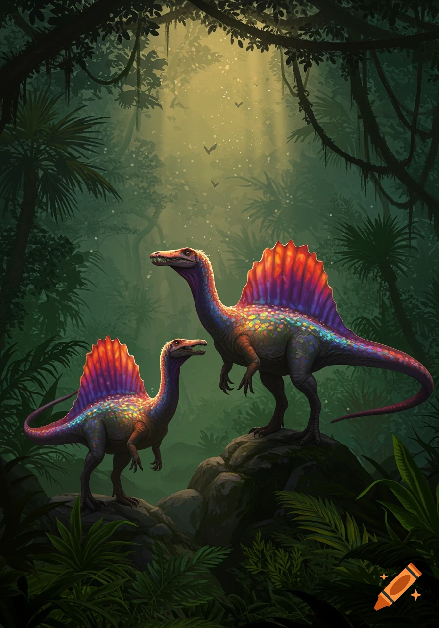 Two vibrantly colored spinosaurus dinosaurs stand in a lush, sunlit jungle.