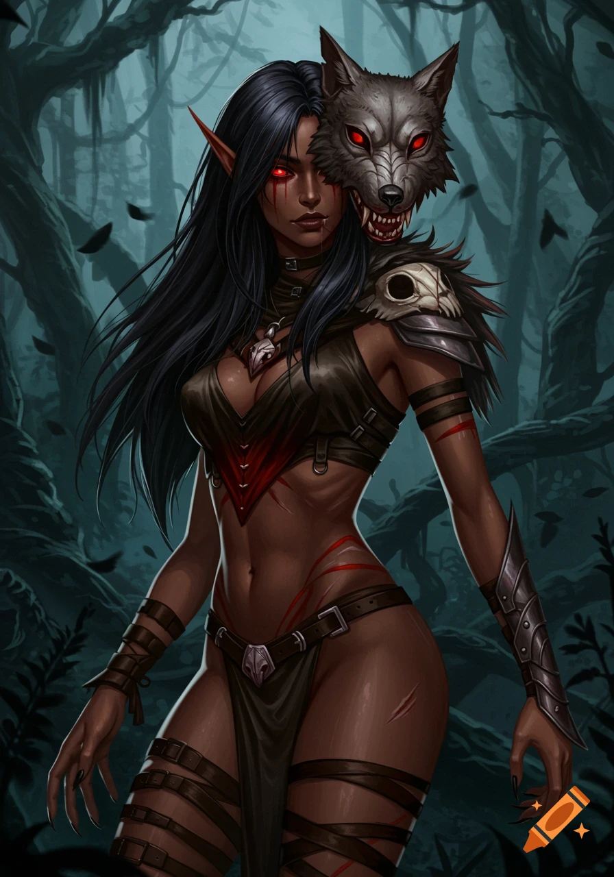 Digital art of a dark-skinned female elf with red eyes, black hair, and tribal scars, wearing dark leather armor and a wolf headpiece in a forest.