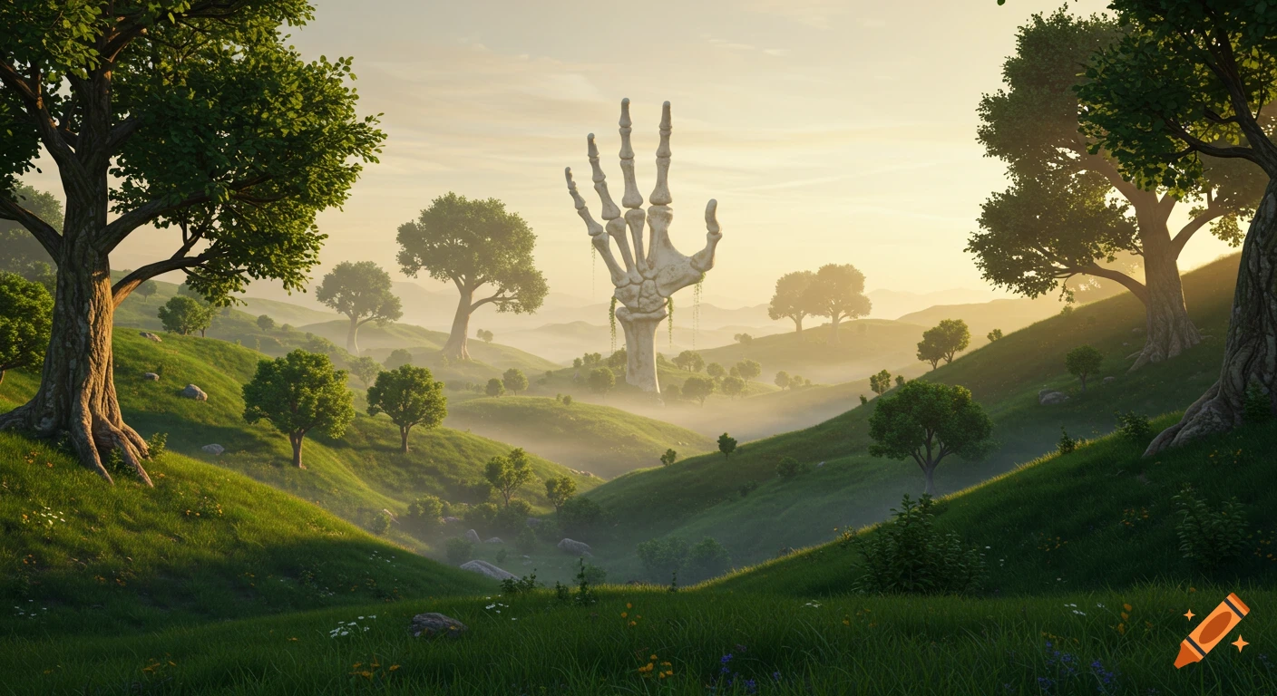 A surreal fantasy landscape depicting a colossal skeletal arm emerging from the earth in a misty valley with rolling green hills and towering trees at golden hour.