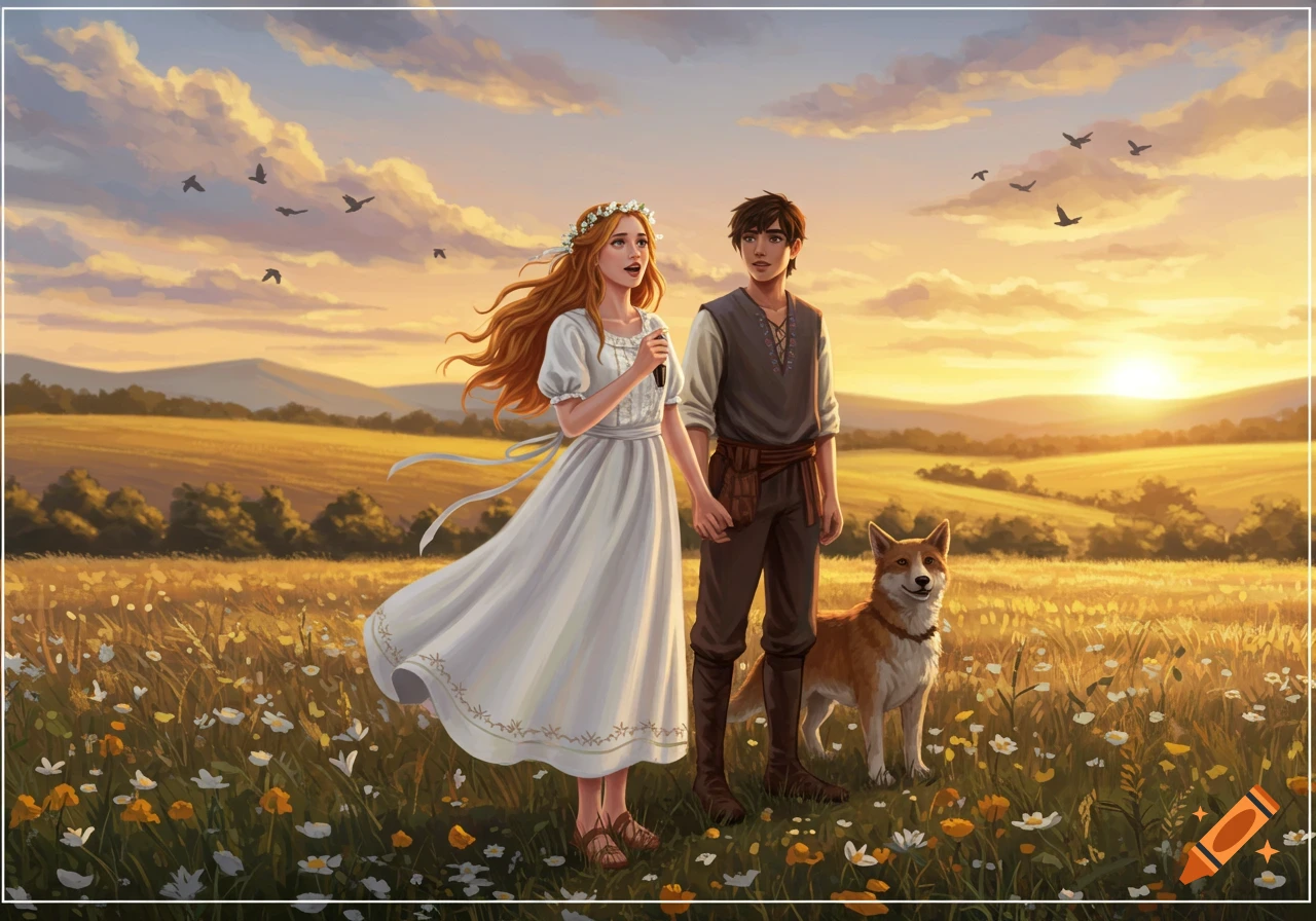 A young woman in a white dress singing alongside a young man and a dog in a sunlit field of wildflowers at sunset.