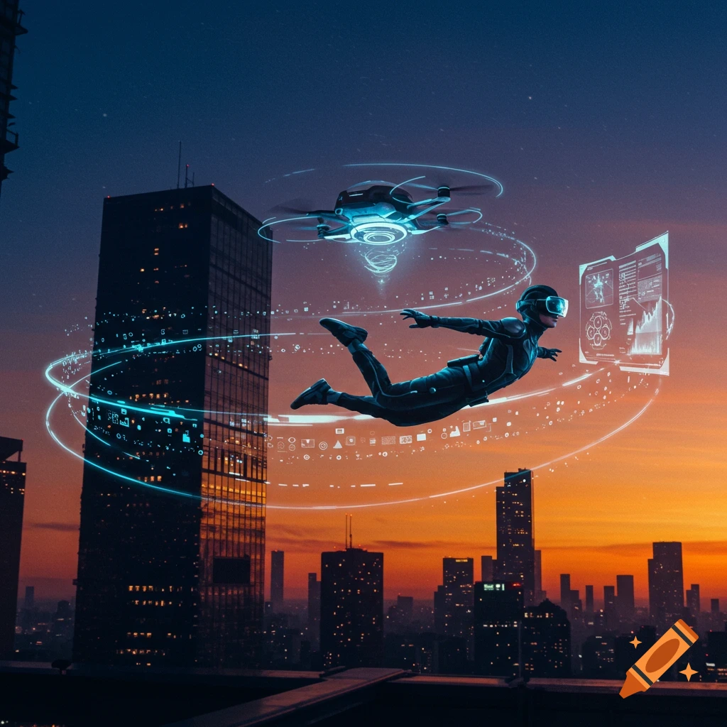 A person in a futuristic suit and VR headset floats over a city at sunset, surrounded by glowing data visualizations and a drone.