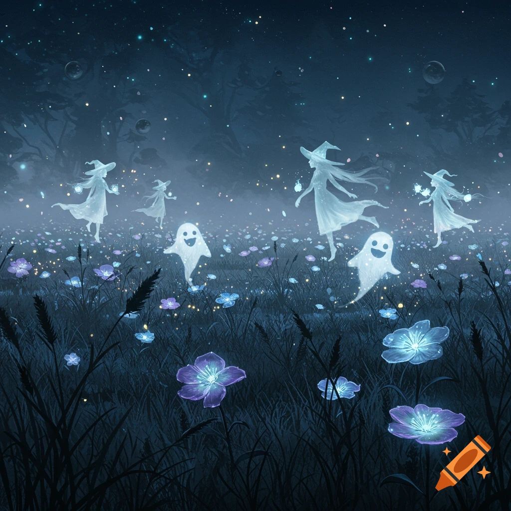 Ghostly witches and smiling ghosts float through a dark, magical field of glowing blue and purple flowers under a starry night sky.