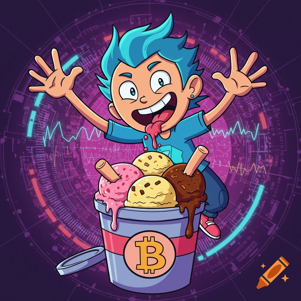 A blue-haired cartoon boy with wide eyes and tongue out, excitedly sits atop a tub of melting ice cream with a Bitcoin logo. The background is a glowing purple circuit board pattern.