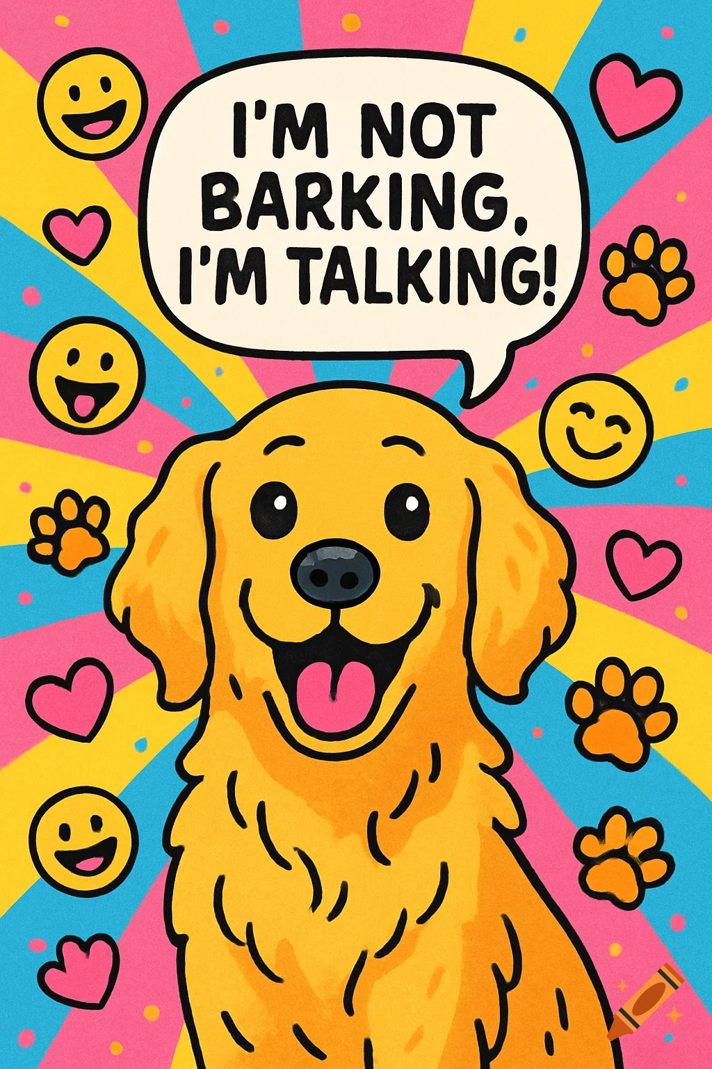 A cartoon golden retriever smiles, with a speech bubble saying 'I'm not barking, I'm talking!' on a vibrant, colorful background.