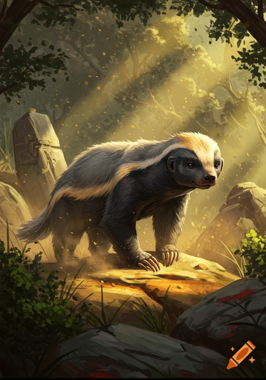 A stylized digital painting of a honey badger standing on rocks in a sunlit forest.