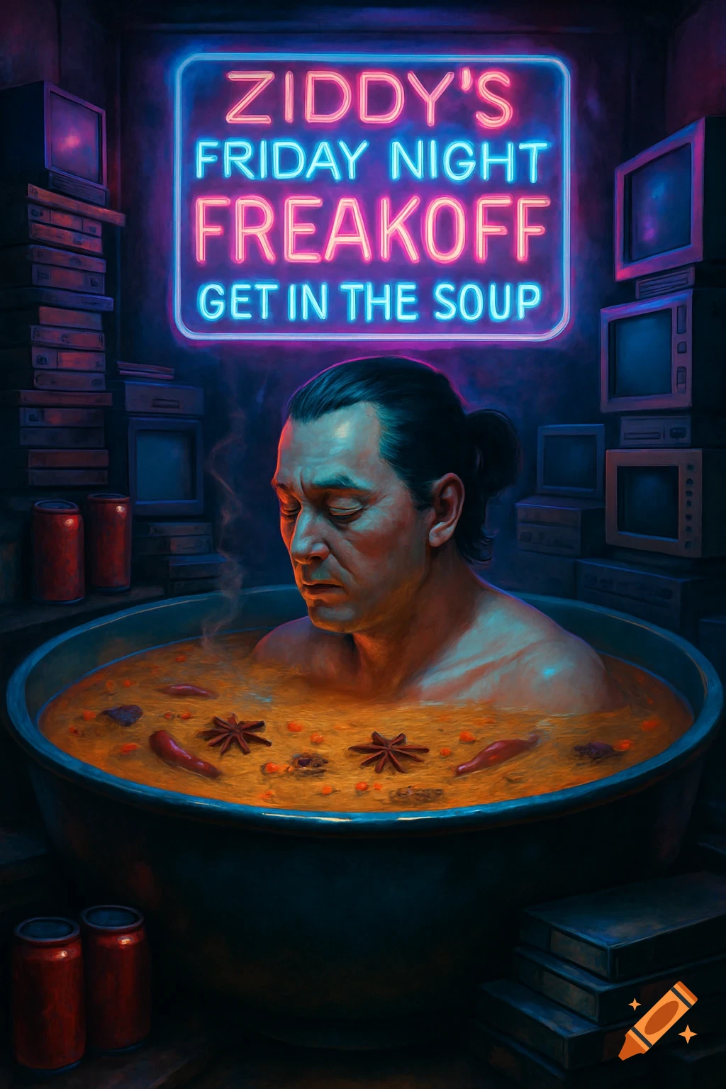 Man with ponytail in a pot of soup under a neon sign 'Ziddy's Friday Night Freakoff Get in the Soup' surrounded by retro electronics.