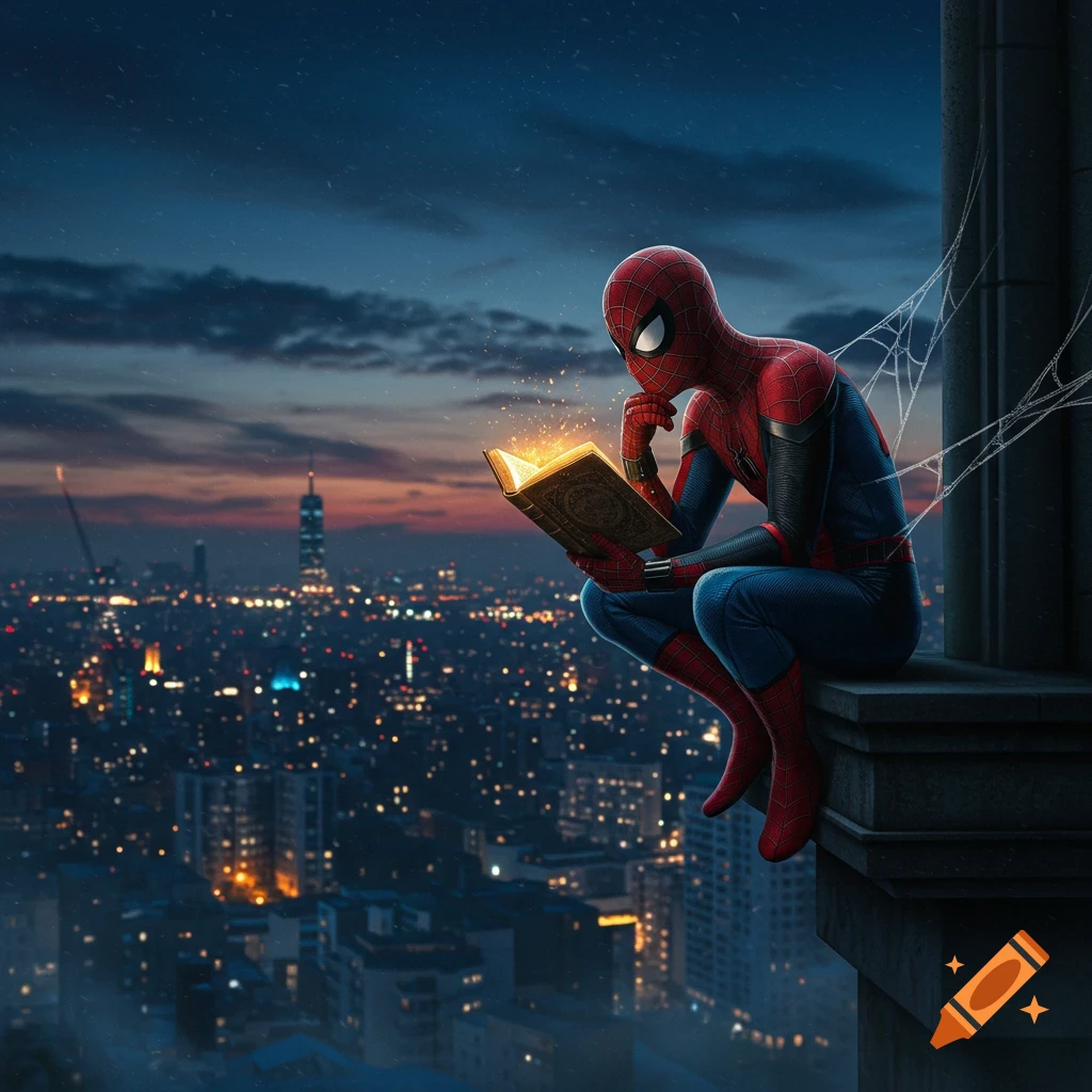 Spider-Man sits on a skyscraper ledge reading a glowing book, overlooking a sprawling city at dusk.