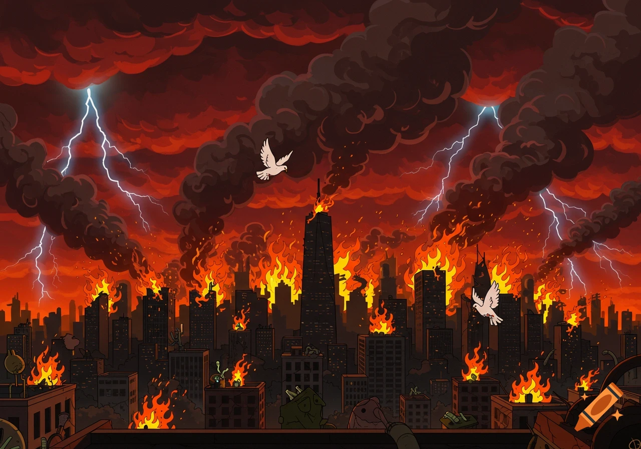 Cartoon cityscape engulfed in flames and dark smoke under a stormy red sky with lightning, as white doves fly over.