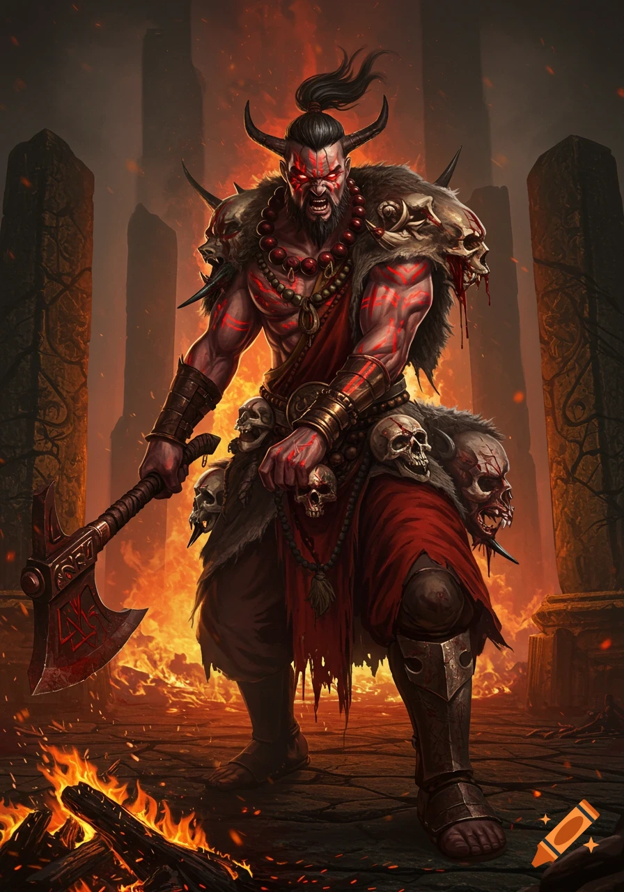 A fierce horned warrior with glowing red eyes and red body markings, holding a large axe amidst fire and stone pillars.