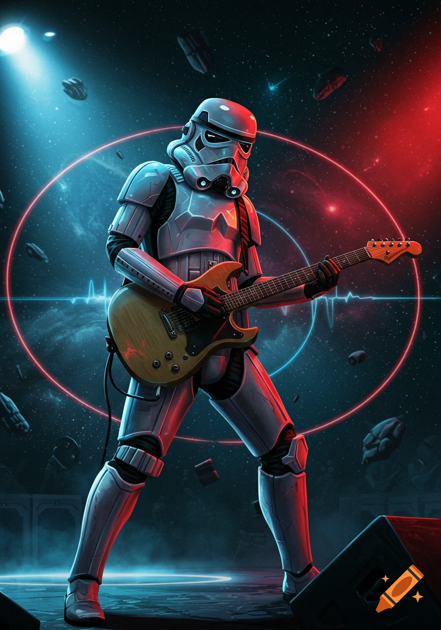 A Stormtrooper in full armor plays an electric guitar on a dark stage, illuminated by blue and red neon lights with a cosmic background.
