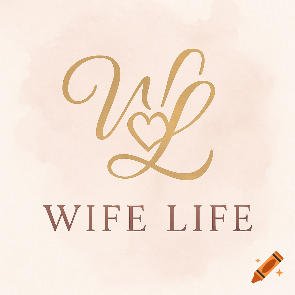 Golden script monogram 'VL' with a heart, above maroon text 'WIFE LIFE' on a peach watercolor background.