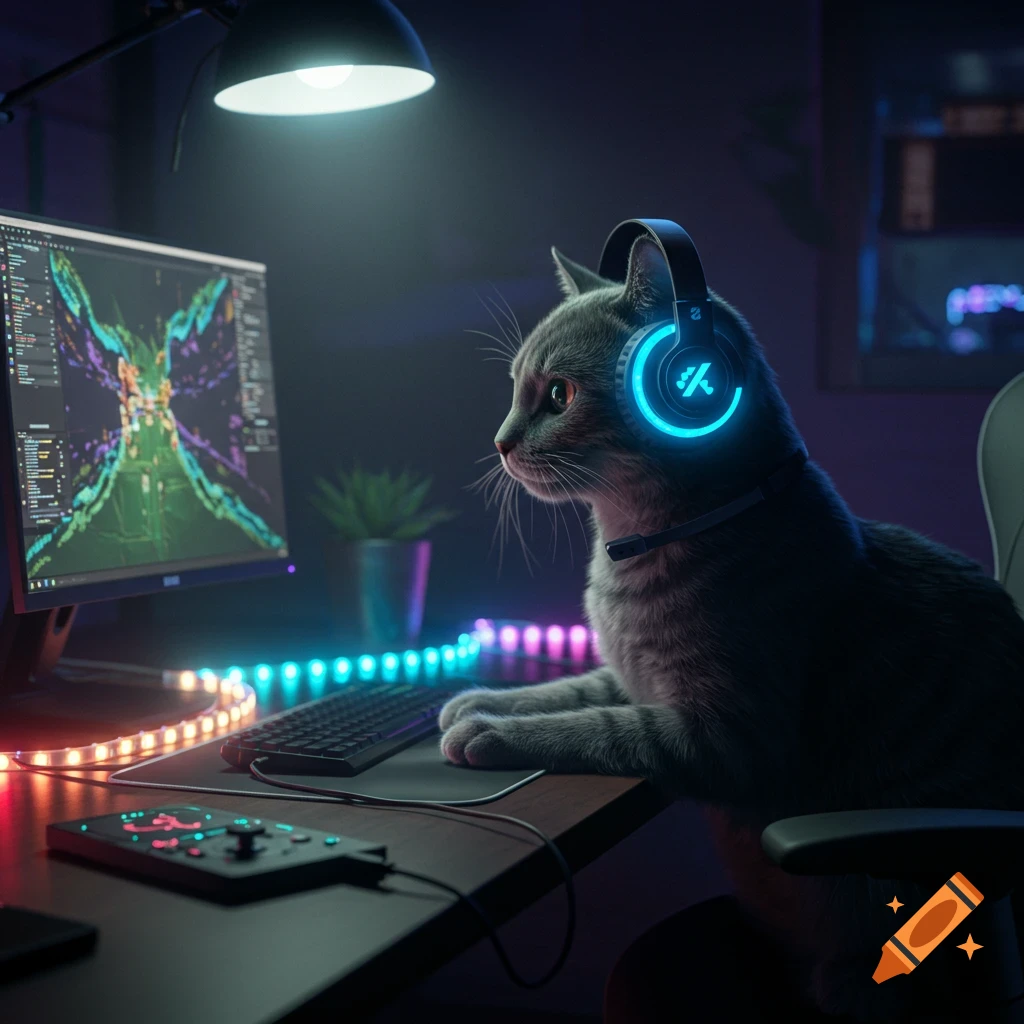 A gray cat wearing a gaming headset sits at a desk in a dimly lit room, looking at a computer screen with colorful graphics and surrounded by LED lights.