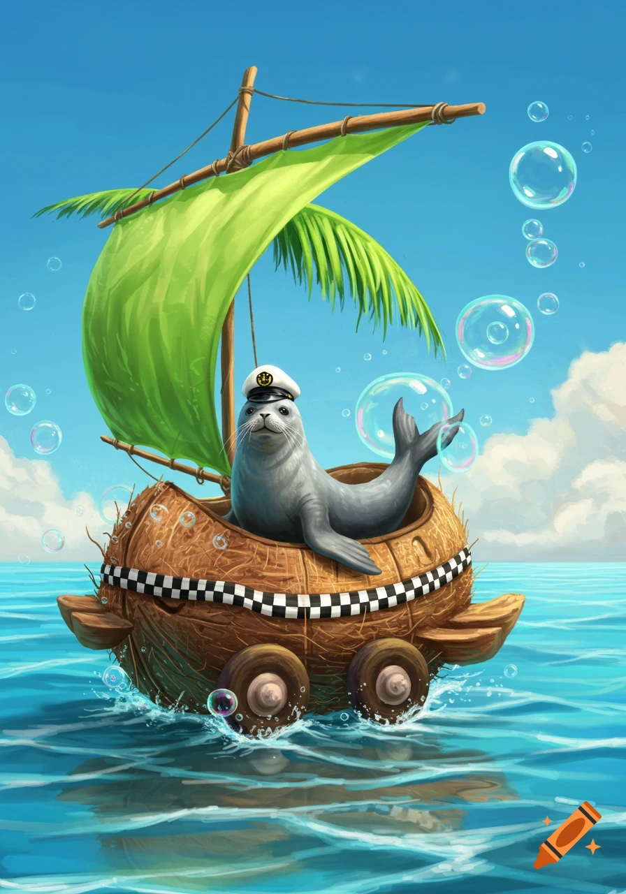 A cute cartoon seal in a sailor's hat floats in a coconut boat with a palm frond sail on blue water, surrounded by bubbles.