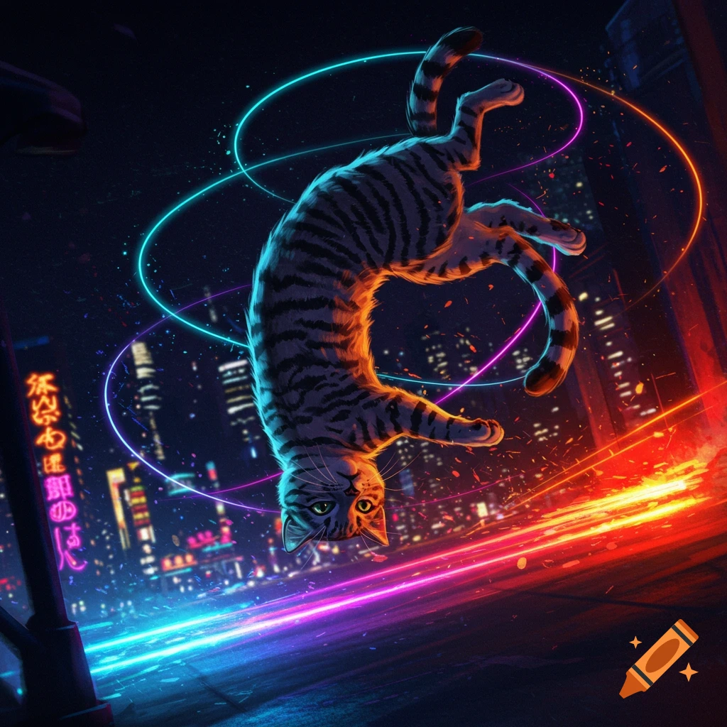 A striped cat floats upside down in a vibrant cyberpunk city at night, surrounded by glowing neon rings and lights.