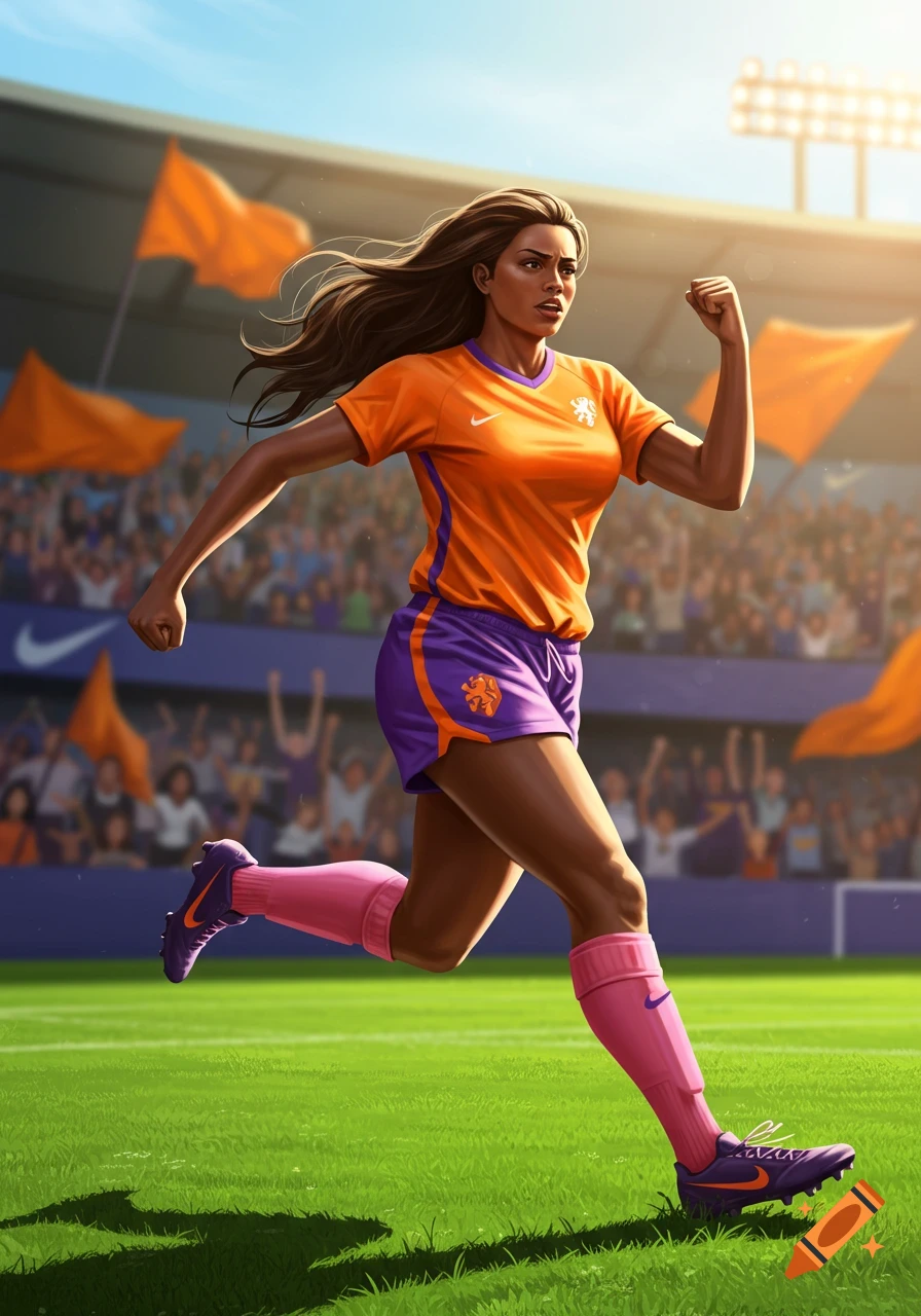 A female soccer player in an orange jersey, purple shorts, and pink socks runs on a green field in a stadium.
