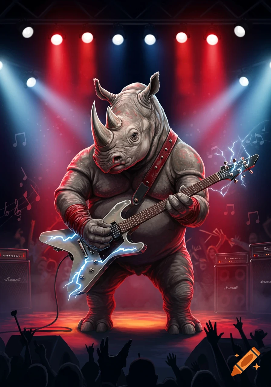 A stylized rhino, wearing red armbands and a harness, intensely plays a silver electric guitar on a brightly lit concert stage, surrounded by musical notes and lightning effects. A crowd's hands are visible at the bottom.