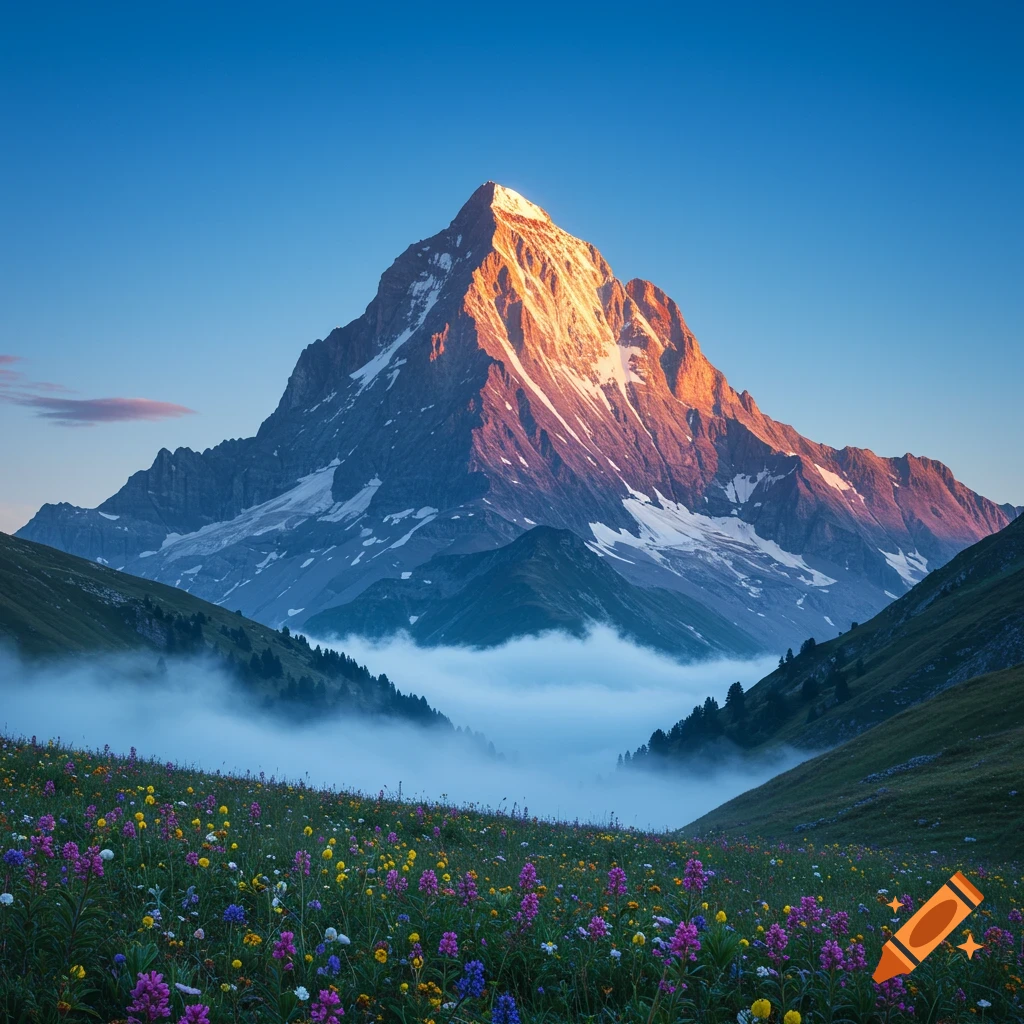 A majestic mountain at sunrise, its peak glowing orange, overlooks a valley filled with mist and a vibrant wildflower meadow.