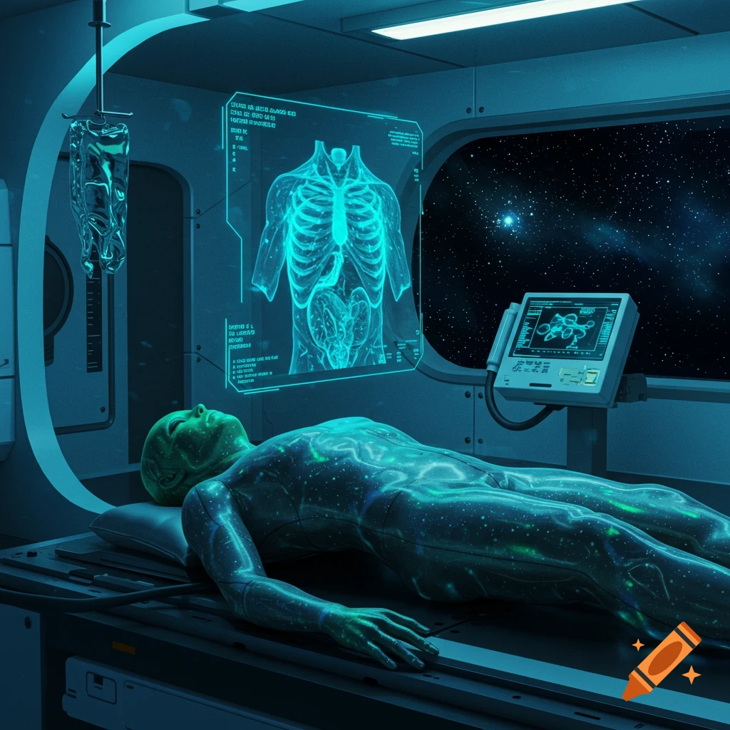 An alien creature glowing with cosmic patterns lies on a medical table in a sci-fi lab, with holographic scans displayed.