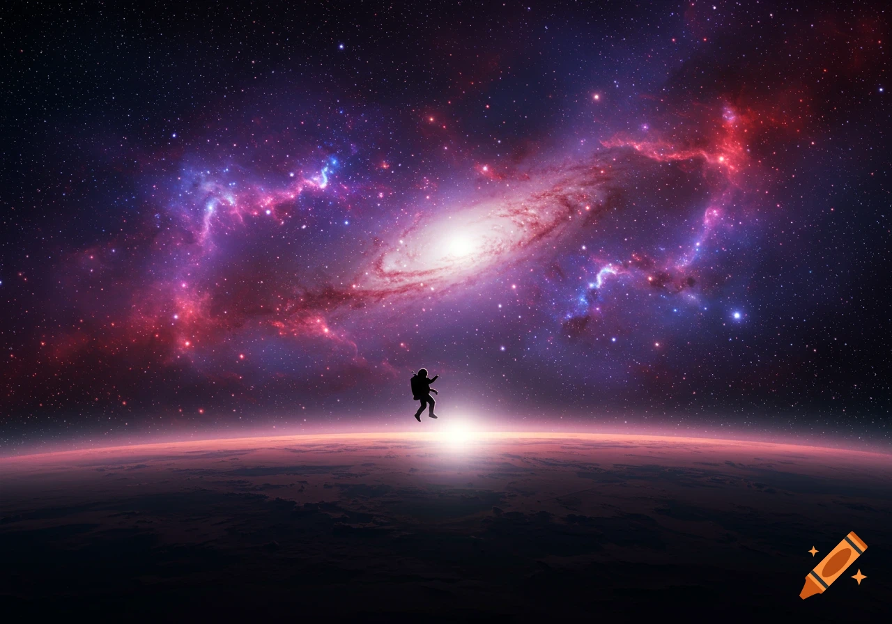 Astronaut silhouette floats above a planet with a vibrant galaxy and nebulae in the cosmic background.