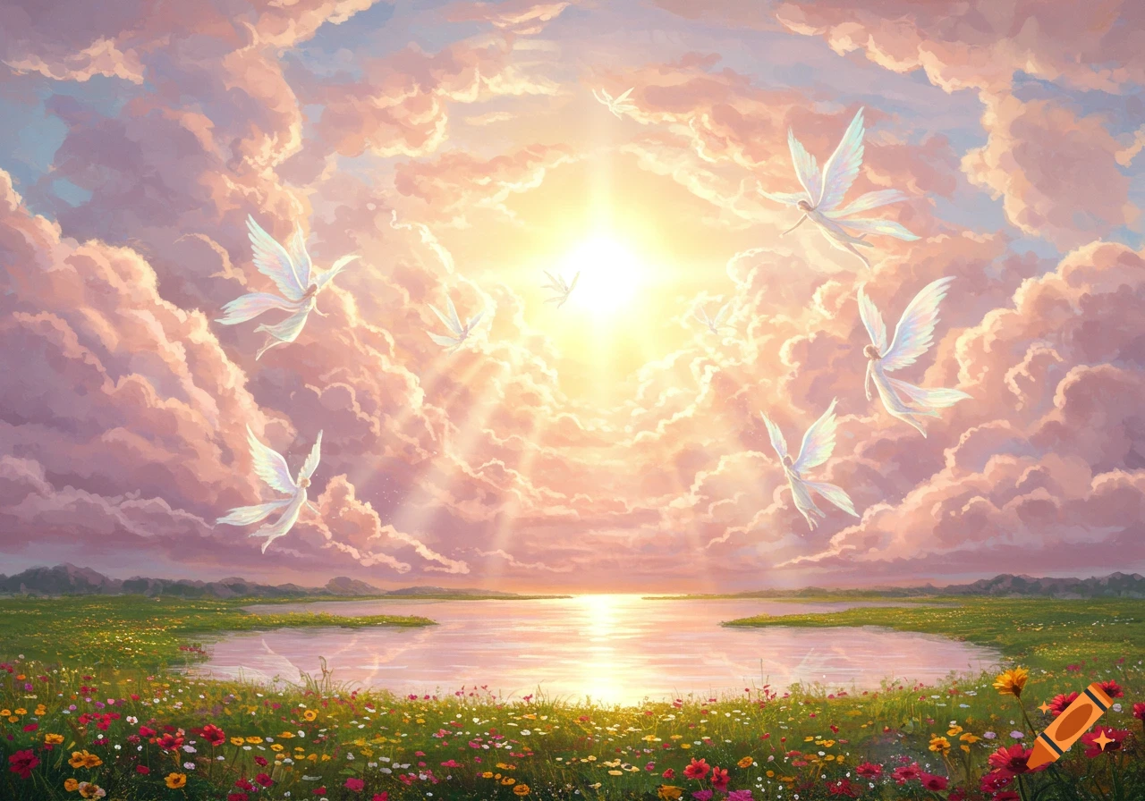 A vibrant fantasy landscape with winged figures flying through luminous clouds, over a lake, and a meadow of wildflowers.